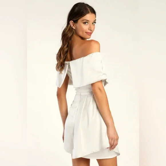 Lulus Always Celebrating Ivory Satin Off-the-Shoulder Midi Dress - M - Picture 2 of 6